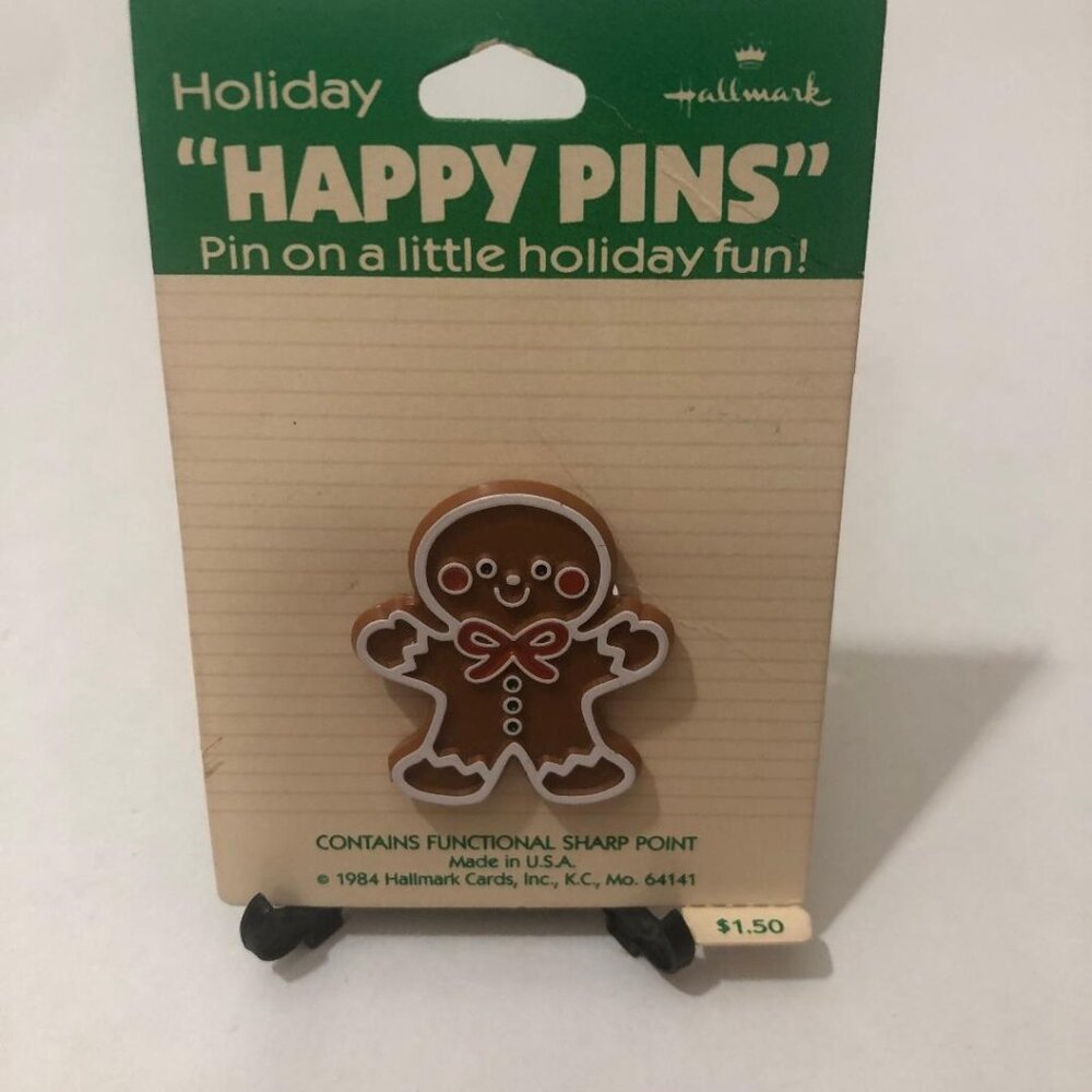 New Vintage Hallmark Holiday Happy Lapel Pin Gingerbread Man 1984 80's Christmas